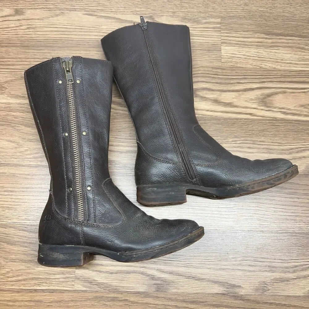 Born‎ Women Waters Brown Leather Zip Studded Moto Tall Boots Size 7 M Brown